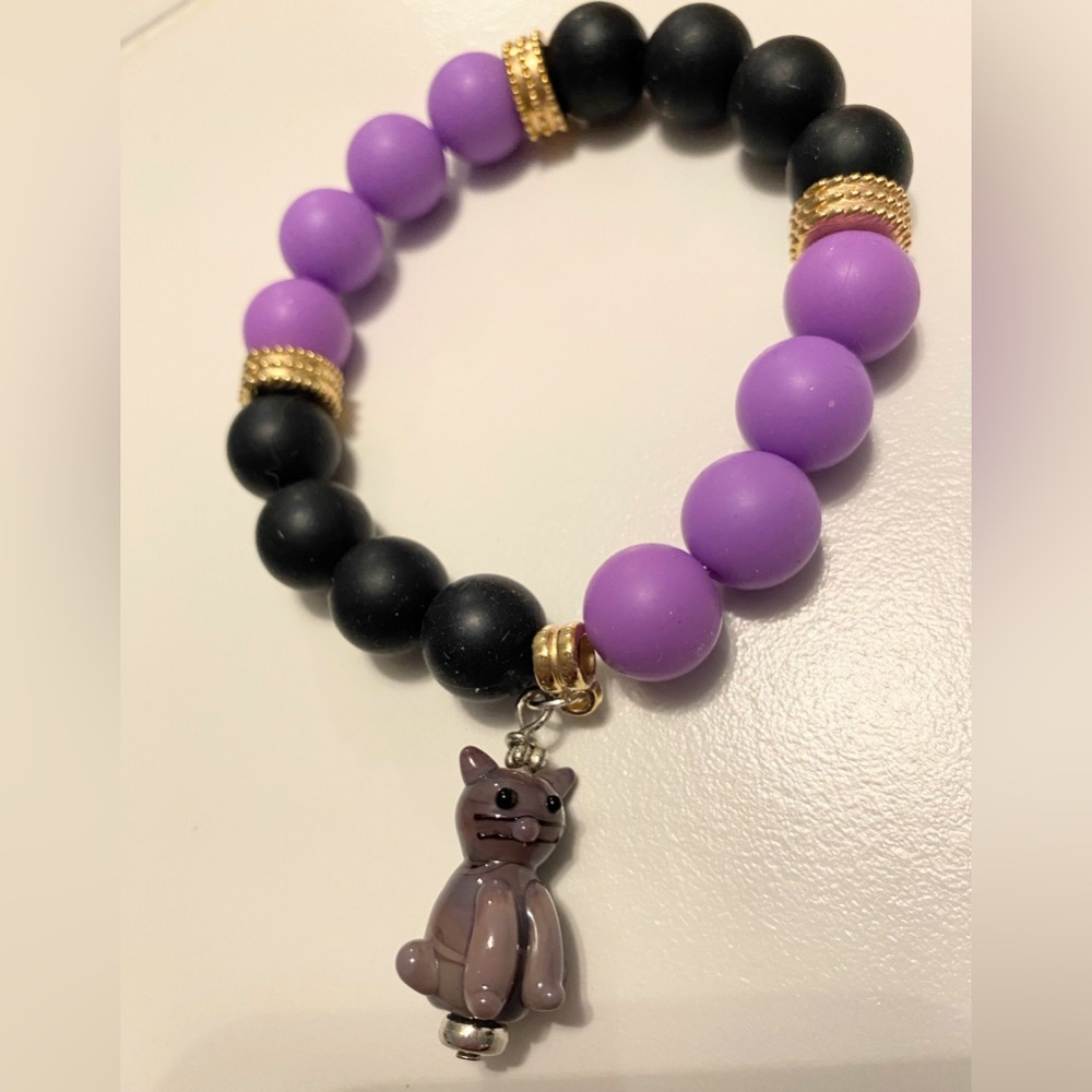 Purple and Black Beaded Cat Charm Bracelet